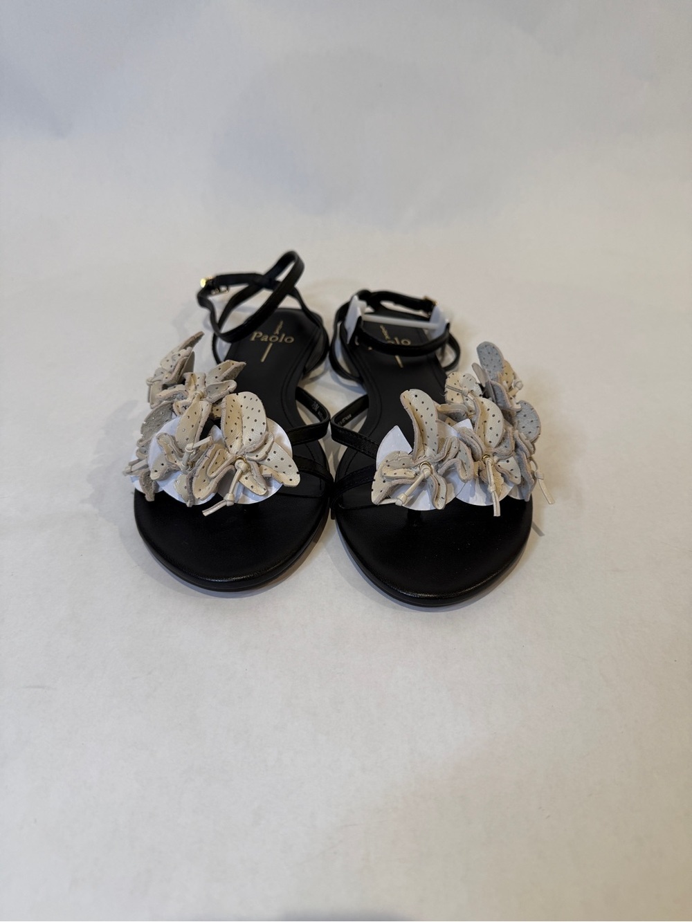 Paolo Black Sandals with White Floral Embellishments